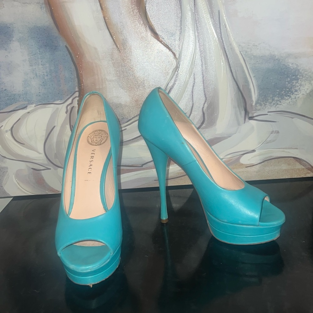 Versace Turquoise leather peep-toe platform pump size 8.5
